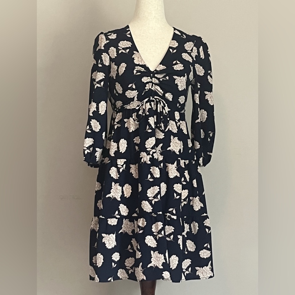 Monteau Cottagecore Navy Floral 3/4 Sleeve Dress with Cream Flowers